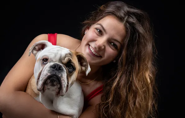Face, girl, smile, background, hair, dog