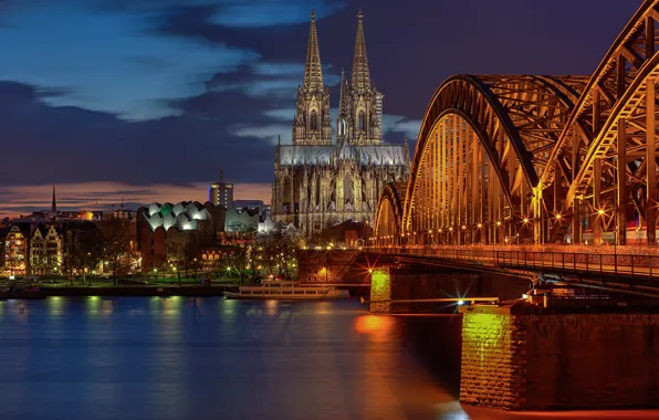 Light, bridge, the city, lights, the evening, excerpt, Germany, Cologne Cathedral
