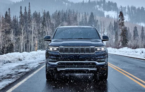 Trees, mountains, track, SUV, Jeep, snowfall, SUV, exterior