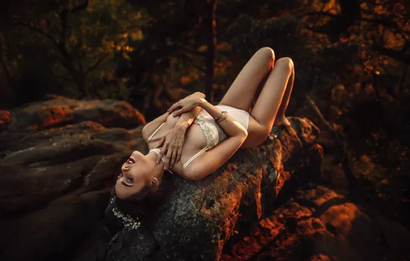 Chest, the sun, trees, sunset, sexy, pose, stones, model