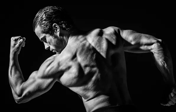 Pose, back, hands, black and white, male, monochrome, muscles, athlete