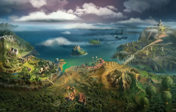 Mountains, ship, Bay, Providence World Map