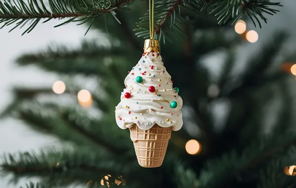 Branches, toy, Christmas, ice cream, New year, needles, bokeh, Christmas decorations