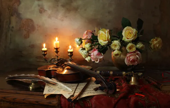 Violin, roses, candles, feathers, still life, bow