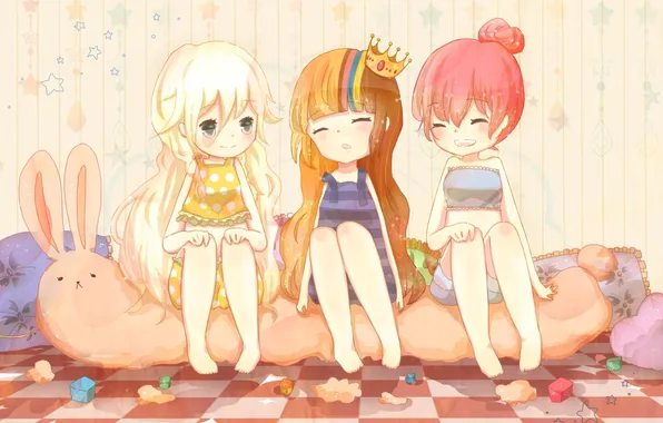 Girls, hare, crown, art, pillow, Vocaloid, Megurine Luka, SeeU