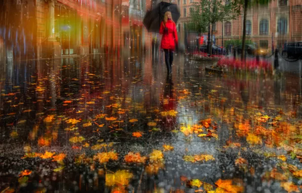 Picture autumn, girl, the city, street, foliage, umbrella, Peter, in red