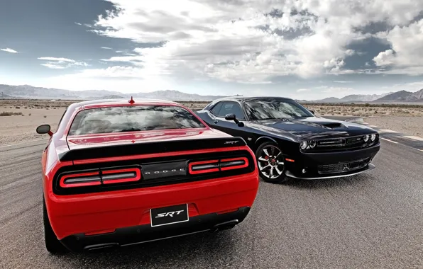 Road, the sky, clouds, red, black, Dodge, Dodge, Challenger