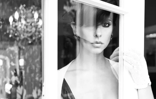 Look, reflection, black and white, hands, actress, window, hairstyle, gloves