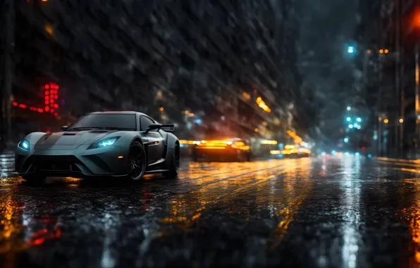 The city, street, building, car, digital art, AI art, art work Razor127