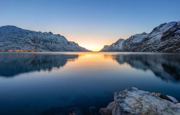 Winter, light, snow, landscape, sunset, mountains, nature, lights