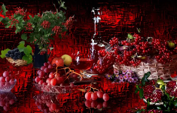 Picture berries, wine, grapes, still life, garnet, Kalina