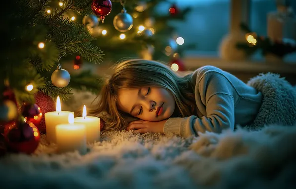 Balls, night, room, sleep, candles, Christmas, sleeping, girl