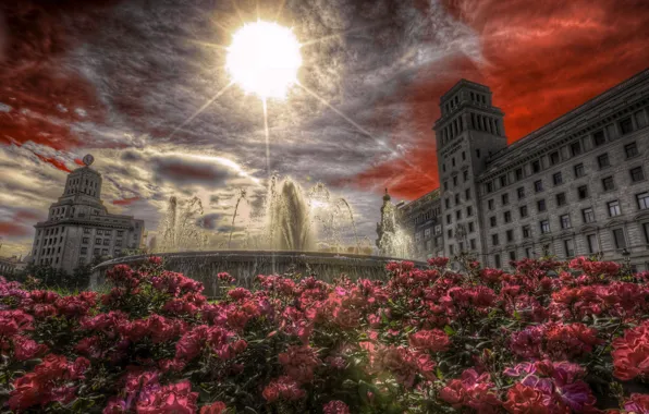 The sky, the sun, flowers, building, area, fountain, Spain, Barcelona