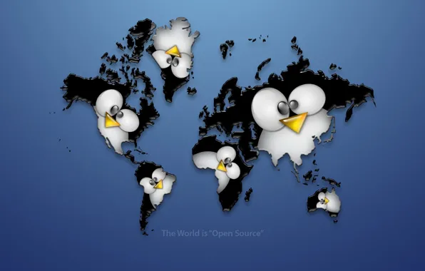 Picture continents, penguin, linux, world map