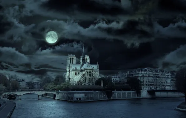 Picture clouds, bridge, river, Paris, a month, France, Notre Dame Cathedral, Notre Dame de Paris