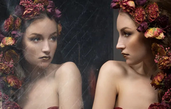 Look, girl, flowers, face, reflection, portrait, mirror, wreath