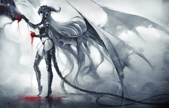 Girl, red, blood, hair, dragon, Apple, wings, art
