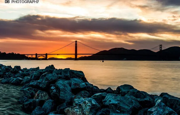The sky, sunset, river, Bridge, USA, Sunset, California, San Francisco