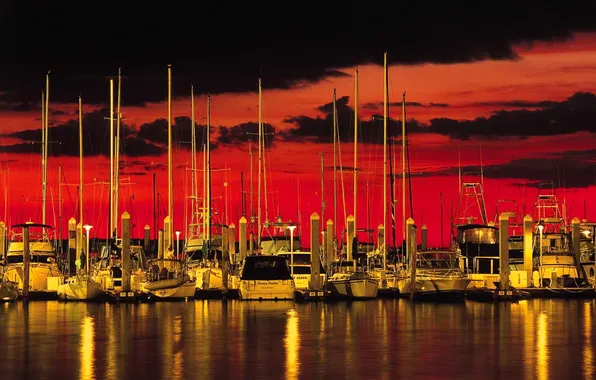 Sea, the sky, clouds, sunset, yachts, boats, pier, port