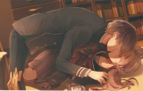 Kiss, library, on the floor, students, visual novel, the guy with the girl, Surah Of …