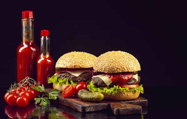 Bottle, black background, hamburger, ketchup, cucumbers