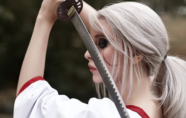 Green eyes, green eyes, cosplay, blurred background, cosplay, The witcher, Ciri, blurry background