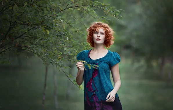 Girl, trees, branches, face, Park, green, patterns, portrait