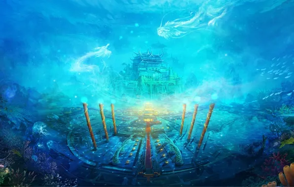 Picture fish, magic, dragons, corals, columns, temple, underwater world, under water