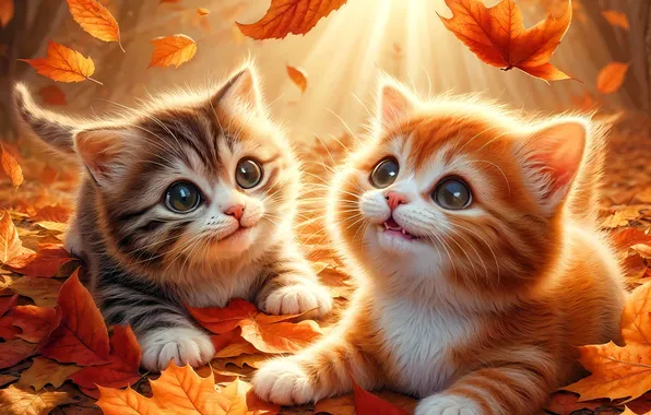 Autumn, look, leaves, the sun, rays, cats, pose, kitty