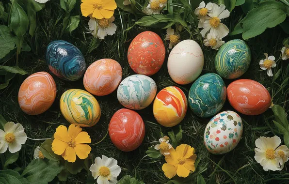 Greens, flowers, holiday, glade, eggs, spring, yellow, Easter