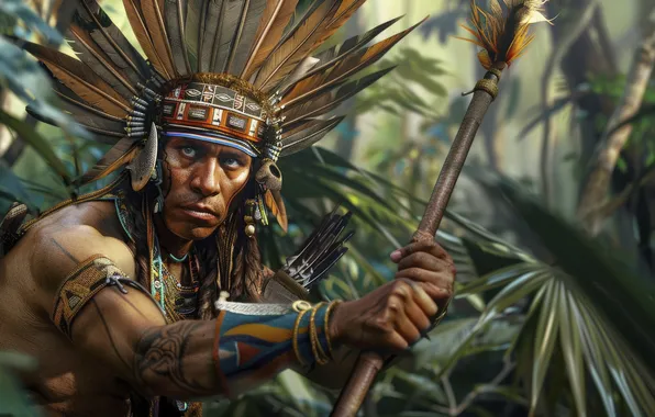 Feathers, Warrior, Maya, Jungle, Male, Spear, Digital art, Indian