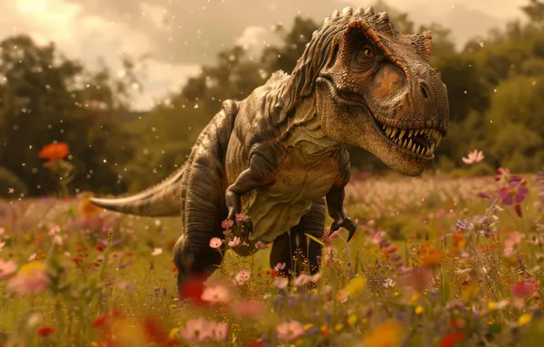 Picture Flowers, Trees, Predator, Dinosaur, Animal, Digital art, Tyrannosaurus, Tyrannosaurus Rex