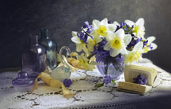 Picture flowers, tape, book, Swan, still life, napkin, daffodils, figure