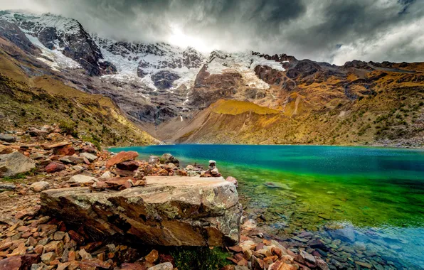 Clouds, Snow, Mountains, Lake, Stones