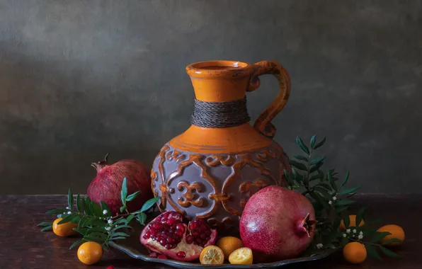 Pitcher, fruit, still life, grenades, tray
