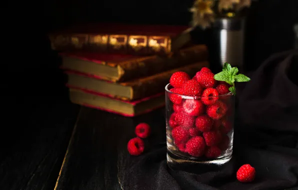 Glass, berries, raspberry, the dark background, Board, books, fabric, still life