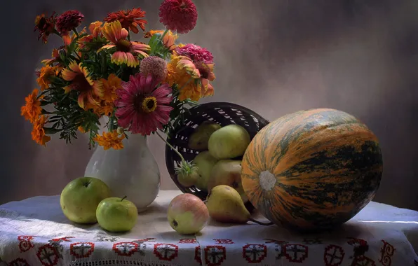 Flowers, table, apples, pumpkin, vase, still life, pear, tablecloth
