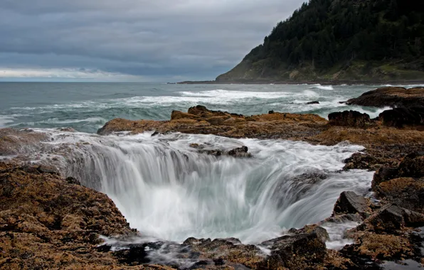 Picture sea, the sky, clouds, squirt, rocks