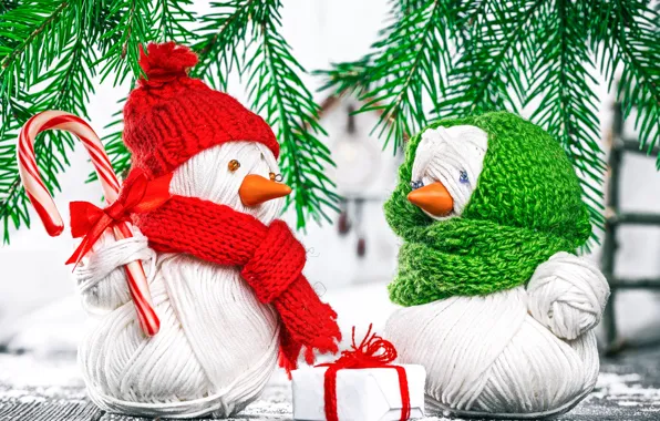 Background, gift, spruce, branch, New year, snowman, box, gift