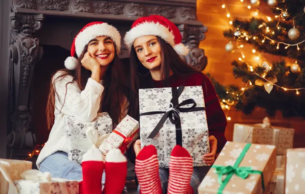 Joy, girls, room, Christmas, gifts, New year, socks, fireplace