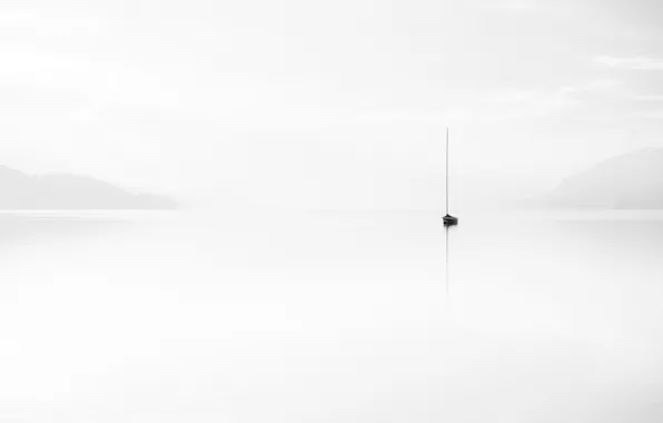 Landscape, fog, lake, boat, minimalism