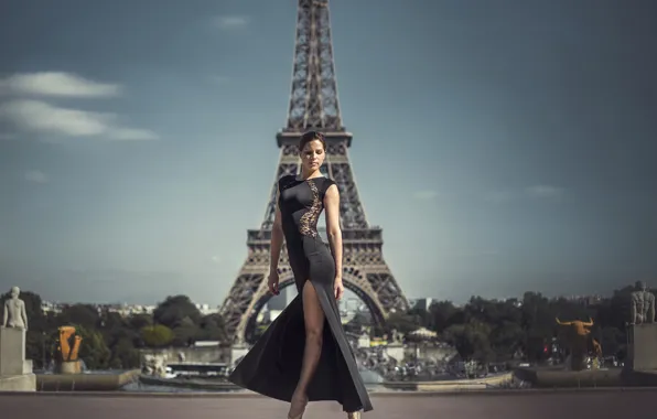 Girl, Paris, figure, dress, Eiffel tower
