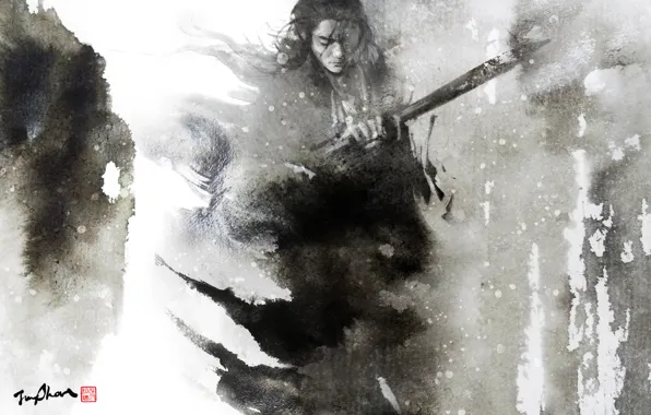 Figure, sword, watercolor, male, Samurai