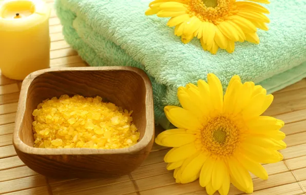 Flowers, candle, towel, bowl, crystals, yellow, yellow, flowers