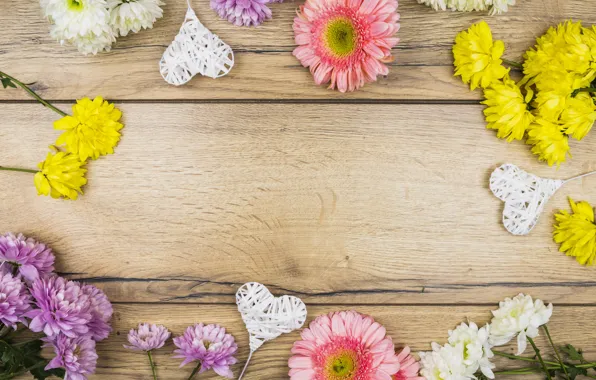 Flowers, colorful, hearts, chrysanthemum, wood, pink, flowers, romantic