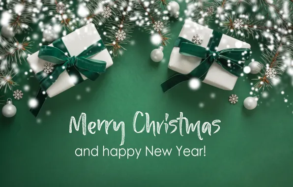 Winter, snowflakes, branches, green, background, ate, Christmas, gifts