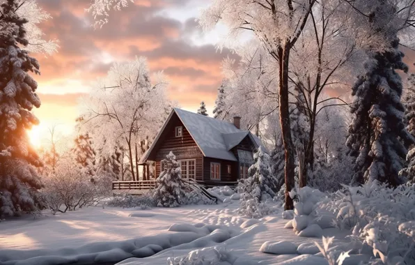 Winter, forest, snow, frost, house, house, hut, rustic