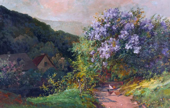 Home, Trees, Picture, Lilac, Alois Arnegger, Alois Arnegger, Austrian painter, Blooming lilacs in the yard