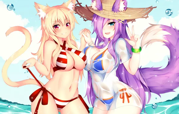 Sexy, cleavage, long hair, sea, girls, boobs, animal ears, anime