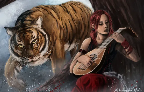 Picture girl, tiger, tree, predator, art, red hair
